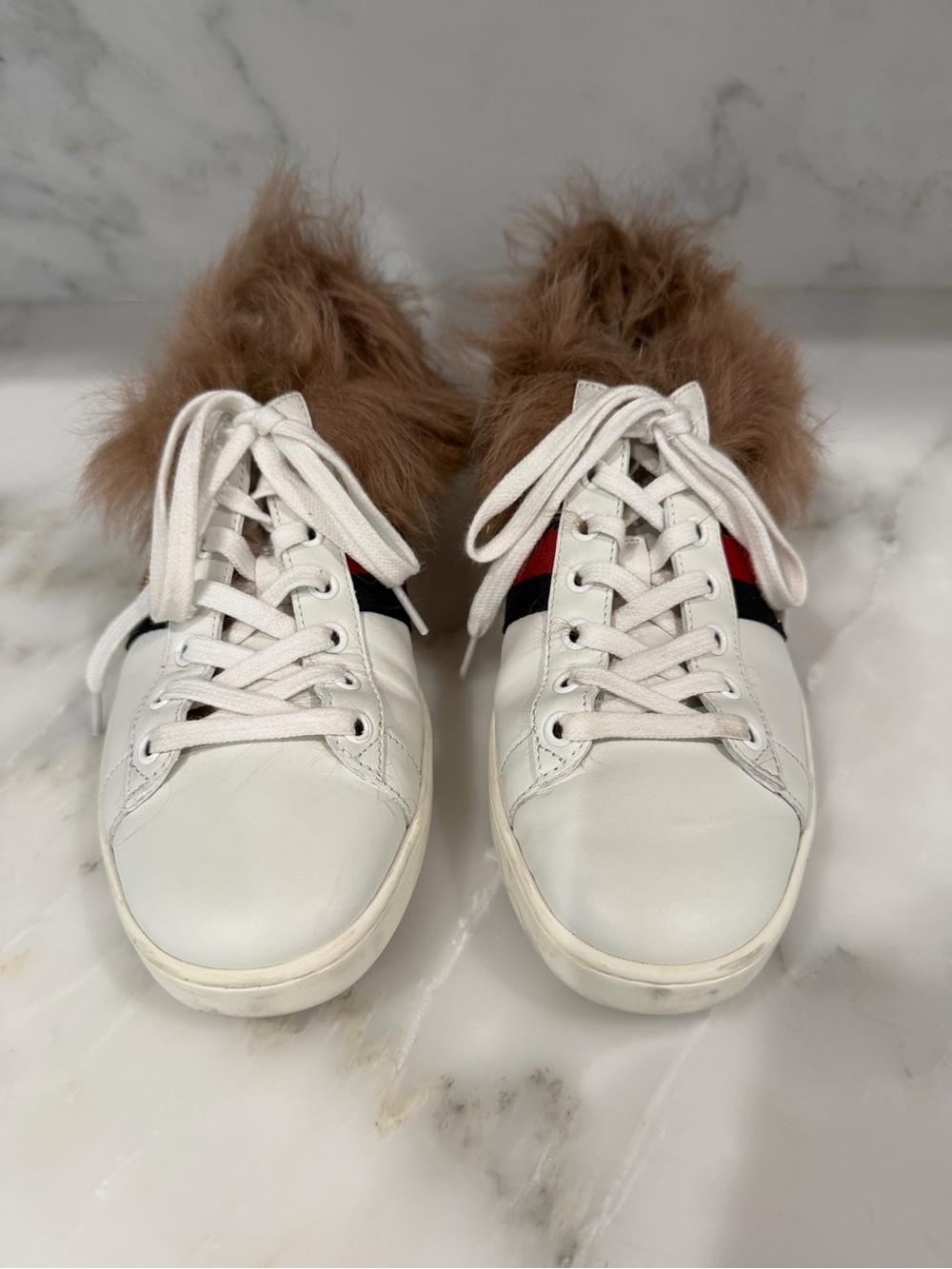 Gucci White Leather Lace-Up Sneakers with Brown Fur Trim